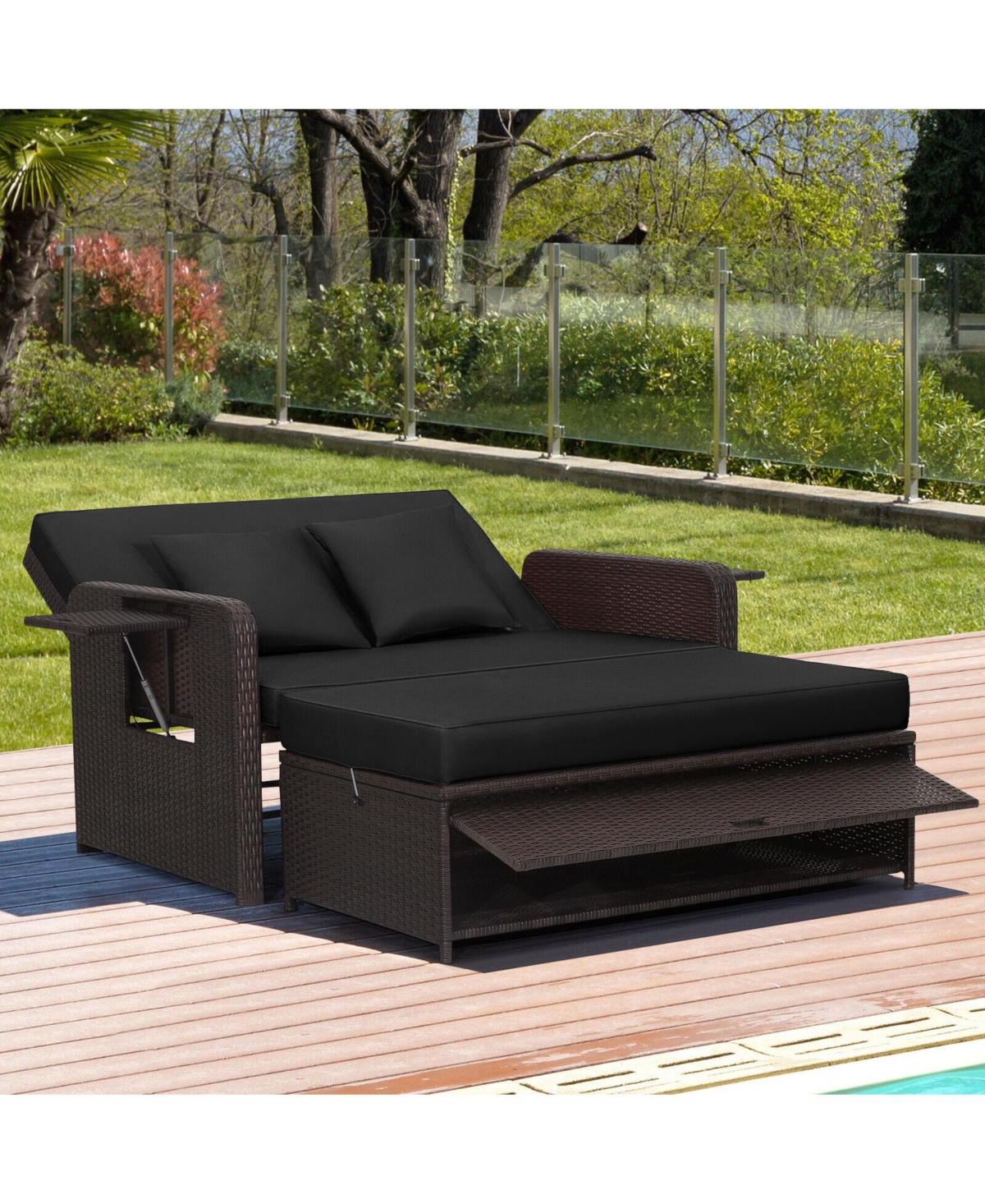 Patio Rattan Daybed with 4-Level Adjustable Backrest and Retractable Side Tray