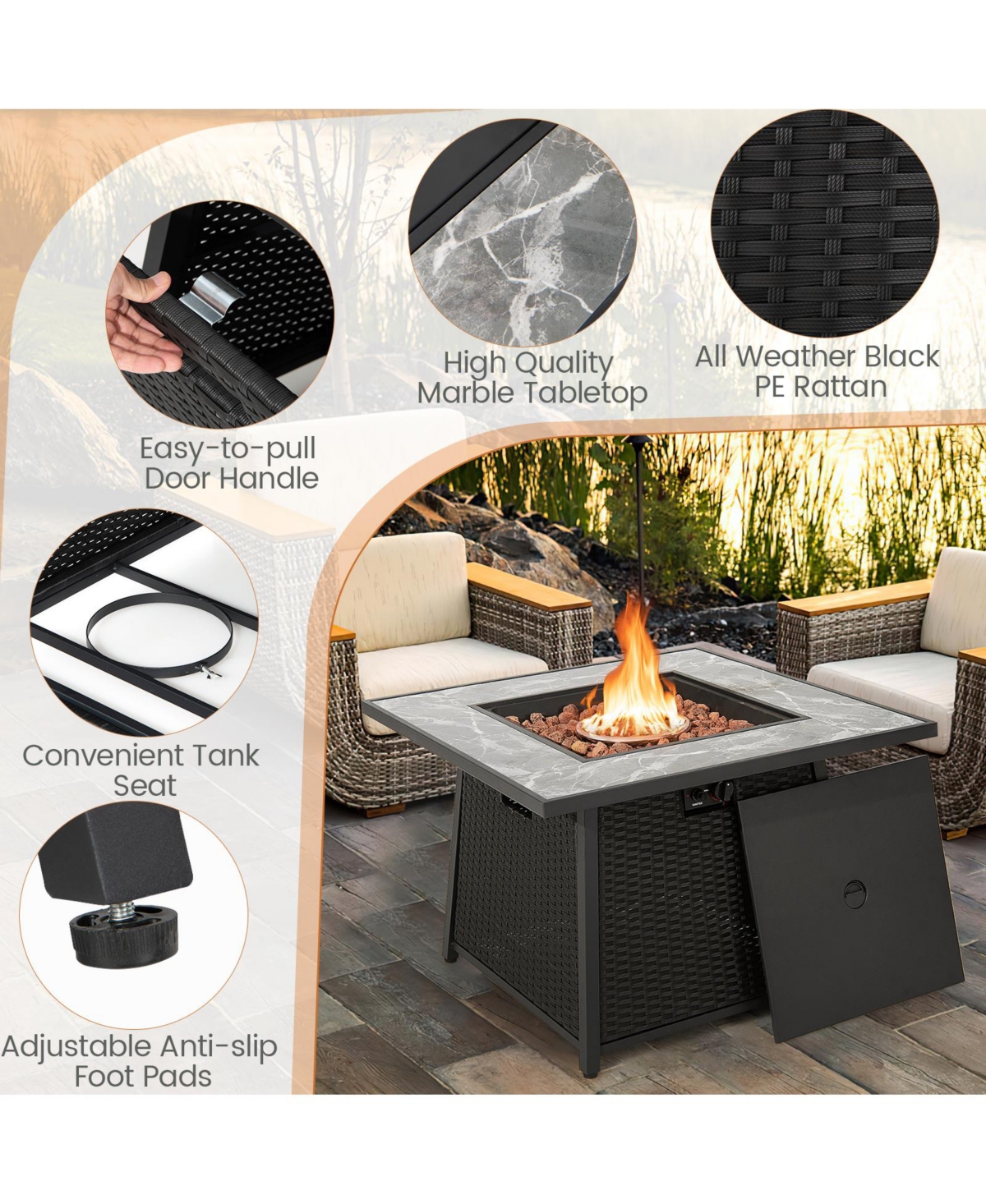 7 Pieces Patio Furniture Set with 35 Inches 50000 Btu Propane Gas Fire Pit Table and Waterproof Cover for Firpit