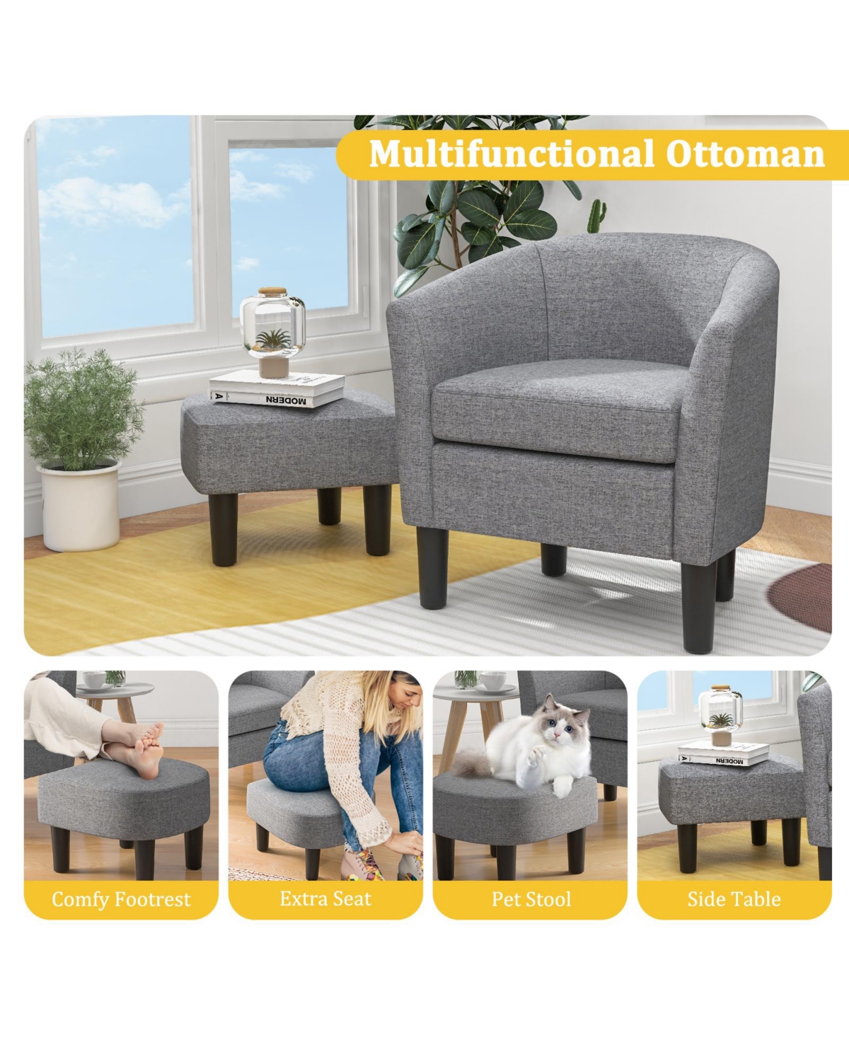 Gouun Barrel Club Chair with Ottoman Set Linen Fabric Accent Chair with Footrest
