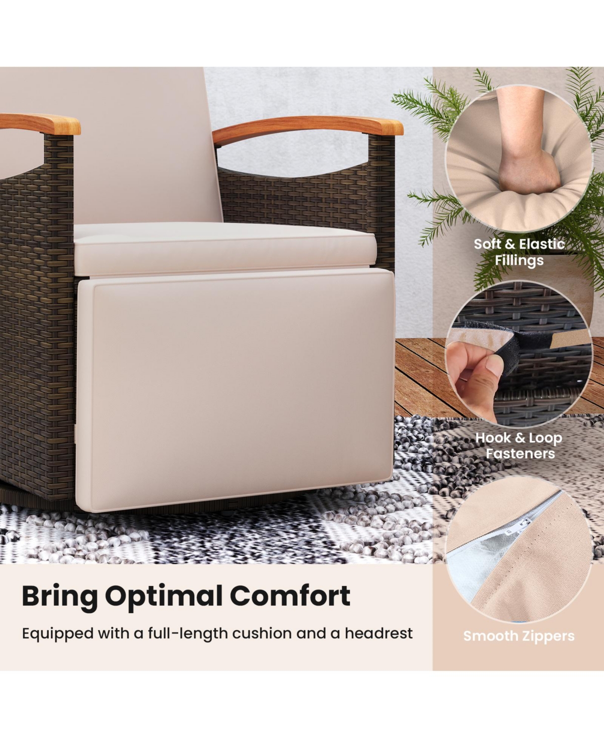 Gouun Patio Rattan 360 Swivel Recliner Chair with Adjustable Backrest and Footrest