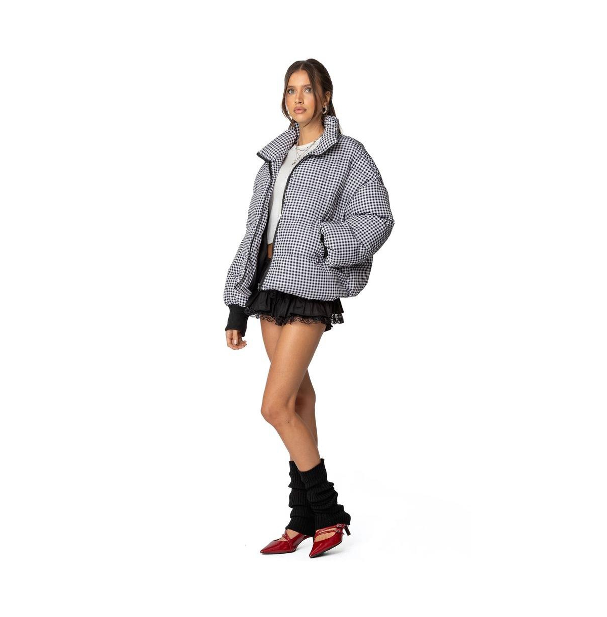 Edikted Women's Oversized Gingham Puffer - Black-and-white