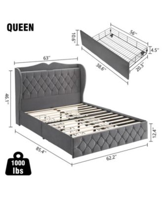 Queen Size Bed Frame with Charging Station and 4 Storage Drawers Upholstered Tall Tufted Headboard and Storage Shelf, Upholstered Bed Frame Queen Slats Support