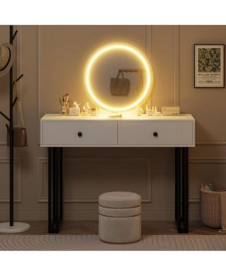Vanity Desk with Mirror and Lights, Small Makeup Vanity with 2 Drawers, Modern Vanity Organizer with 3 Color Lights Adjustable Brightness, Dressing Table for Bedroom