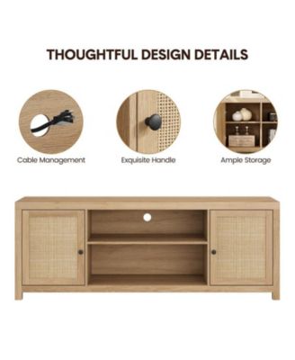 Boho TV Stand for 75 Inch, Rattan Entertainment Center with 2-Tier Storage, Wooden TV & Media Console Cabinet for Living Room Bedroom