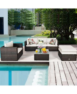 6 Pieces Patio Rattan Furniture Set with Sectional Cushion and Ottomans