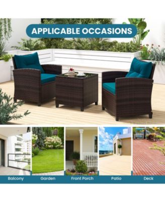 3 Pieces Rattan Patio Furniture Set with Washable Cushion-Peacock