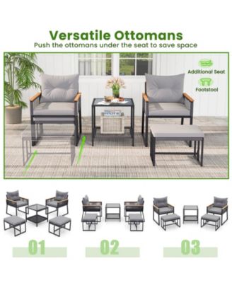 5-Piece Outdoor Rattan Conversation Set with Cushions, Ottomans, and 2-Tier Side Table