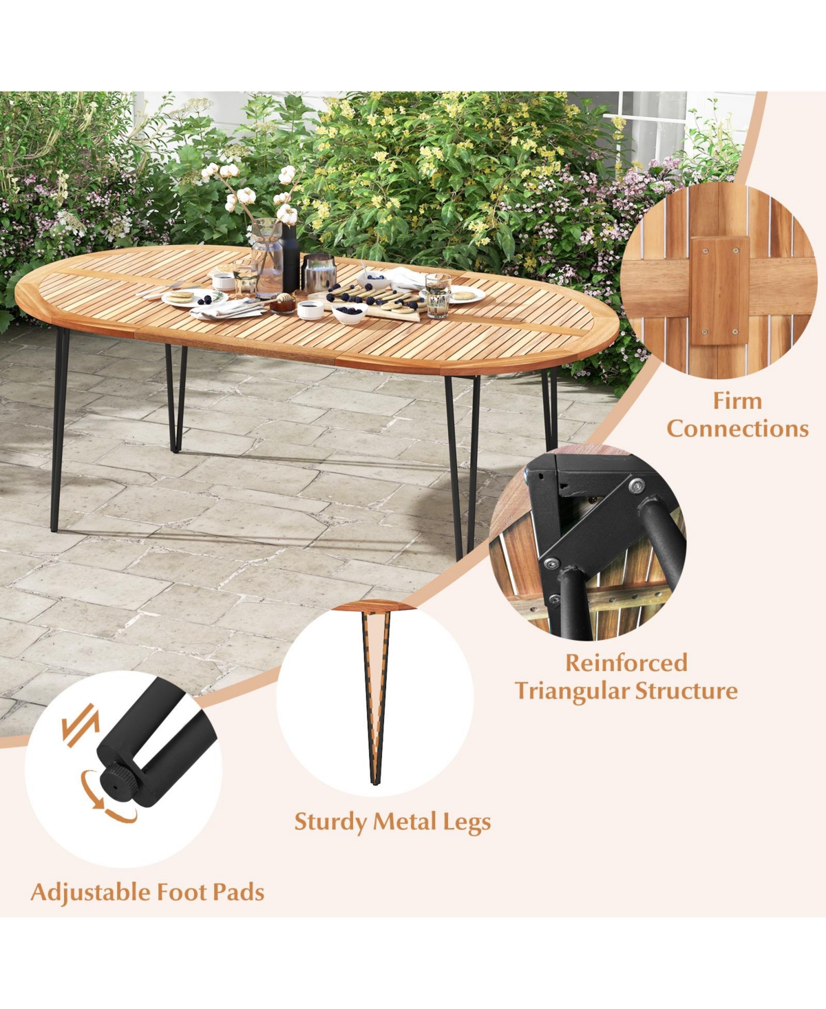 Gouun Oval Patio Dining Table with Umbrella Hole and Acacia Wood Tabletop for 8 People