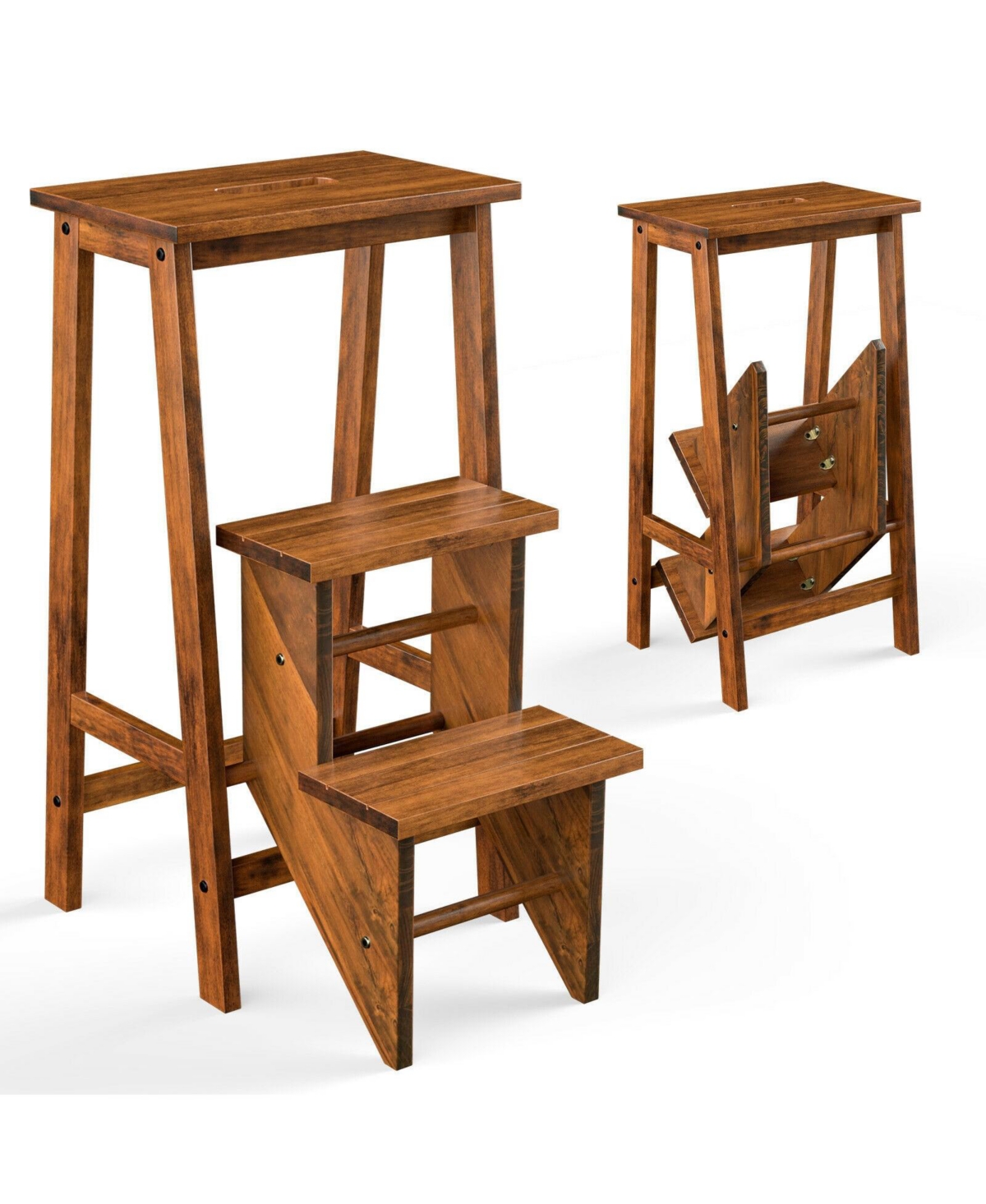 Gouun Boys 3-in-1 Rubber Wood 3 Tier Folding Step Stool Ladder Storage Shelf