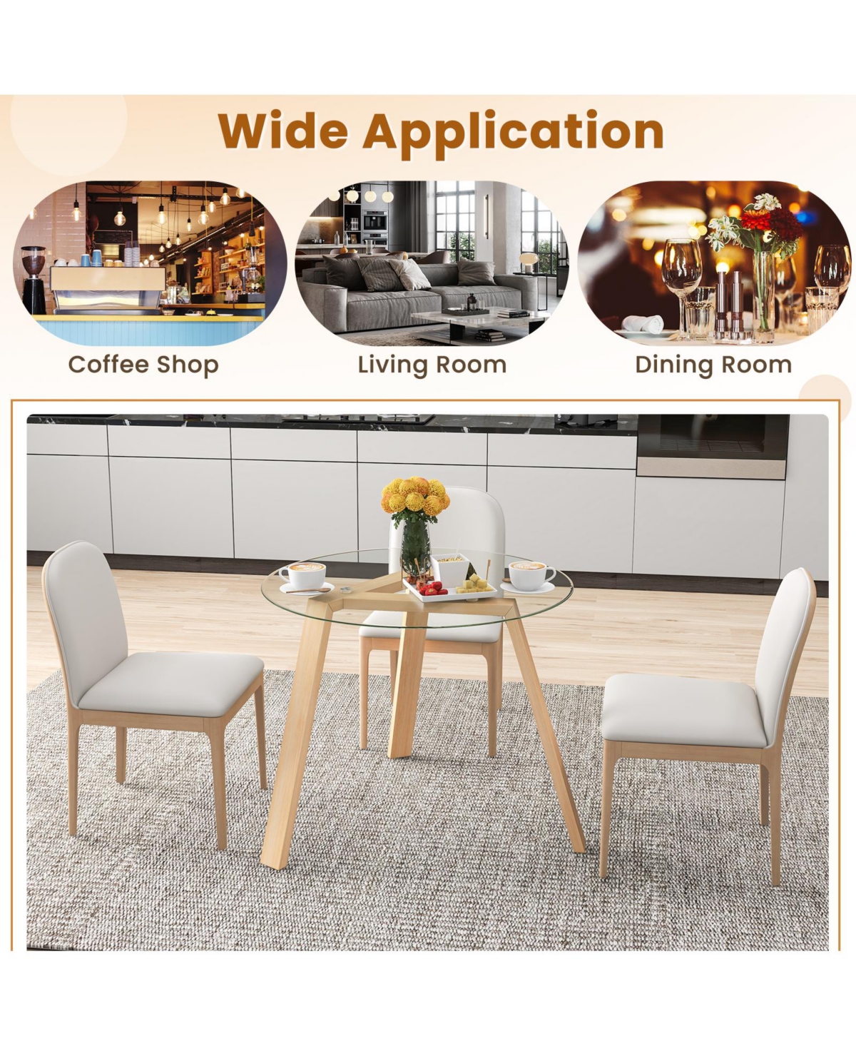 Gouun Inches Round Glass Dining Table for 4 with Rubber Wood Frame