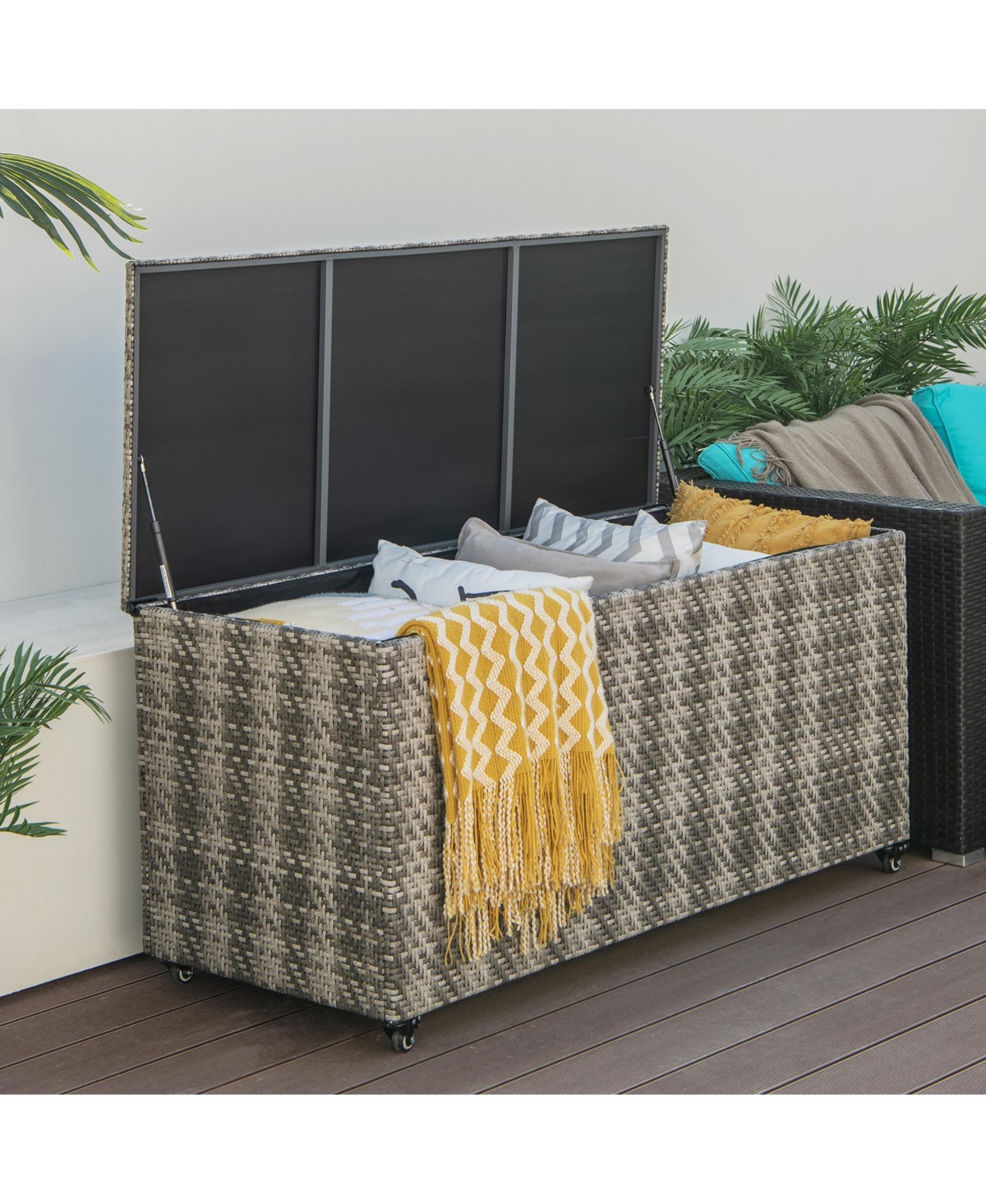 Gouun Gallon Pe Wicker Outdoor Storage Box with 4 Wheels