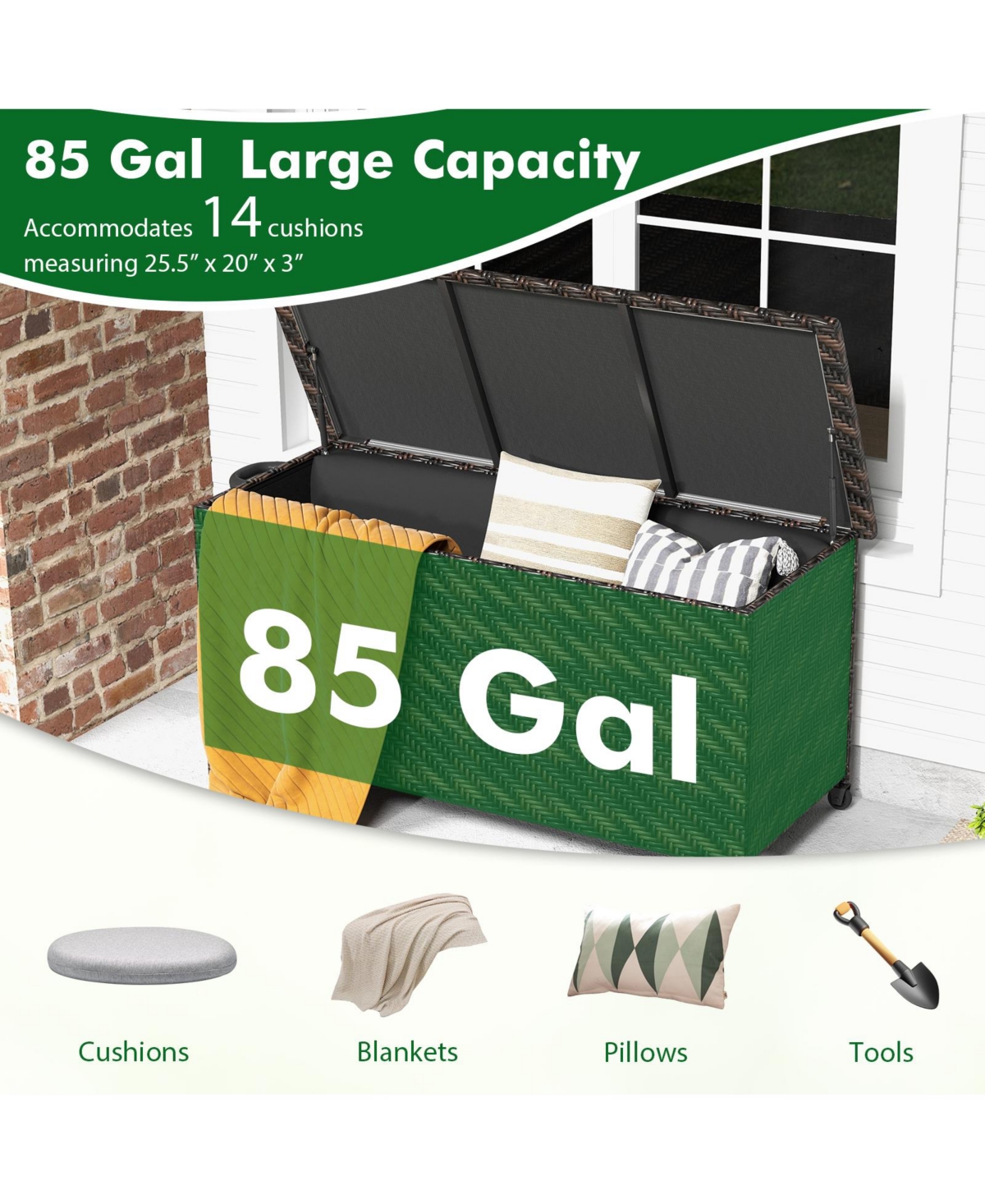 Gouun Gallon Outdoor Storage Box with Removable Liner and Universal Wheels