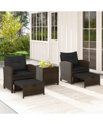 5 Pieces Patio Rattan Furniture with 2 Ottomans and Tempered Glass Table