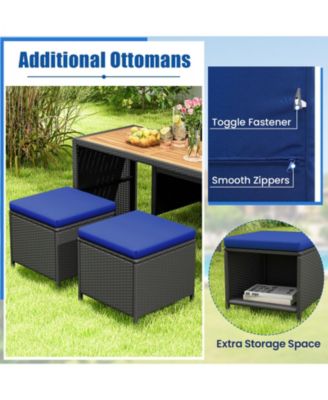 4 Piece Outdoor Dining Set with Wood Topped Dining Table Rattan Loveseat Chair and 2 Ottomans