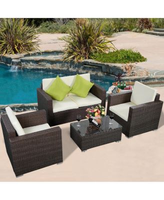 4 Pieces Wicker Rattan Sofa Furniture Set Patio Garden Lawn Cushioned Seat