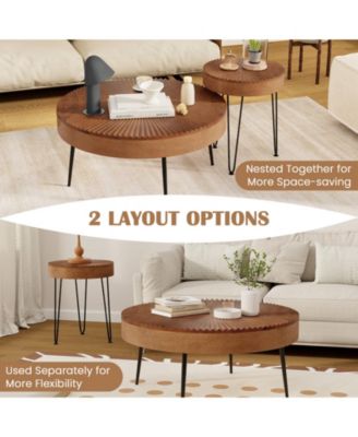 Set of 2 Boho Round Table with Solid Pine Wood Top and Metal Legs