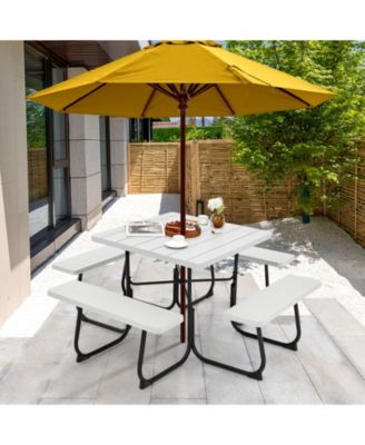 Outdoor Picnic Table with 4 Benches and Umbrella Hole