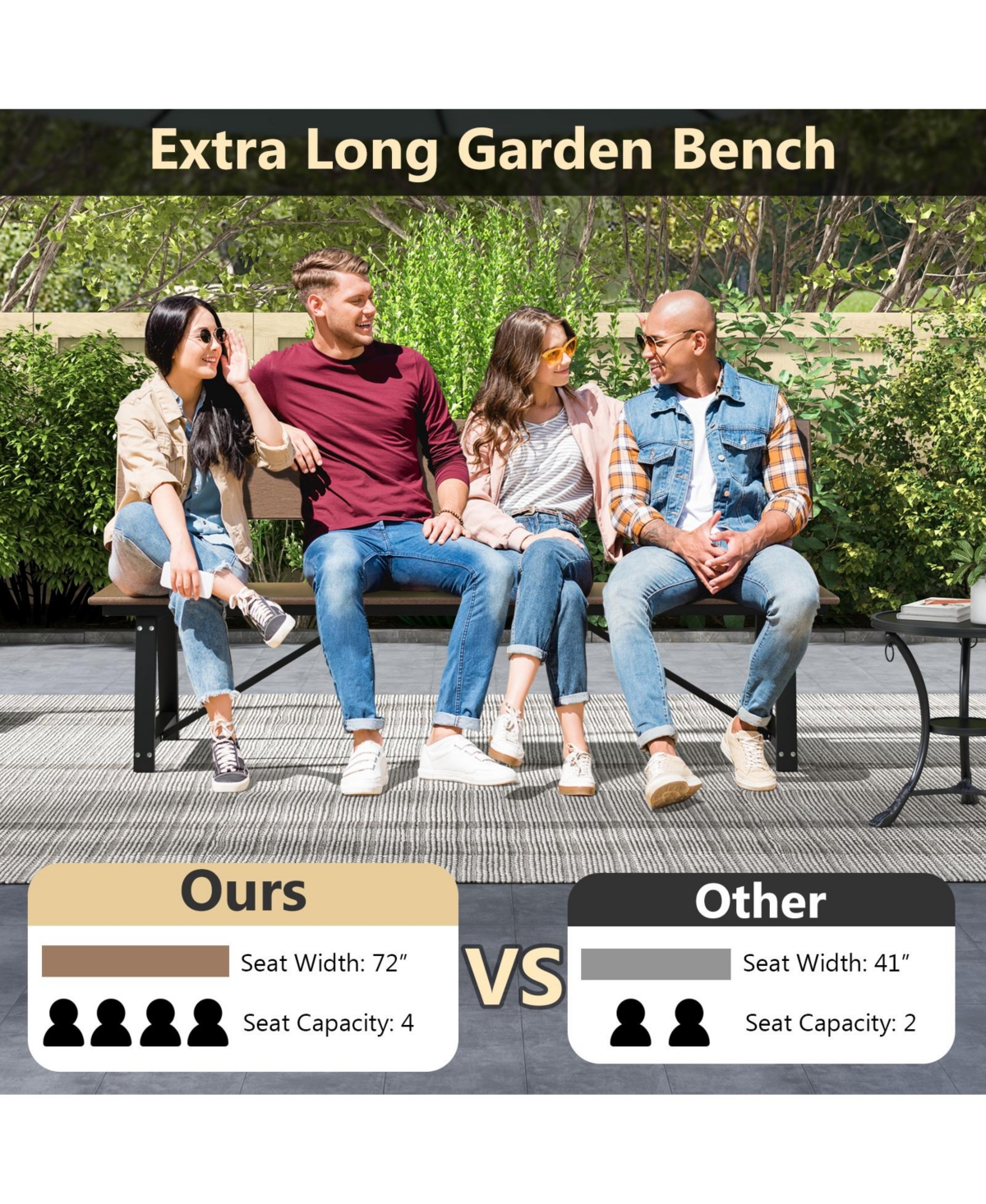 Gouun Extra Long Bench with All-Weather Hdpe Seat & Back for Yard Garden Porch