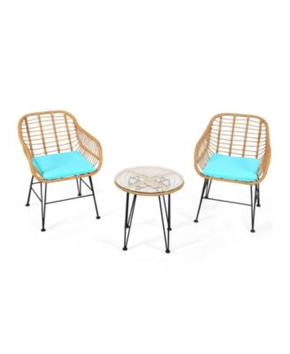 3 Pieces Rattan Furniture Set with Cushioned Chair Table