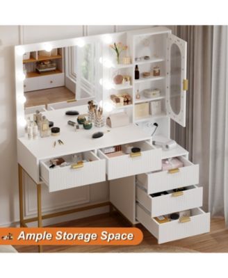Vanity Makeup Desk with Vanity Mirror, Built-in Lights, 5 Drawers
