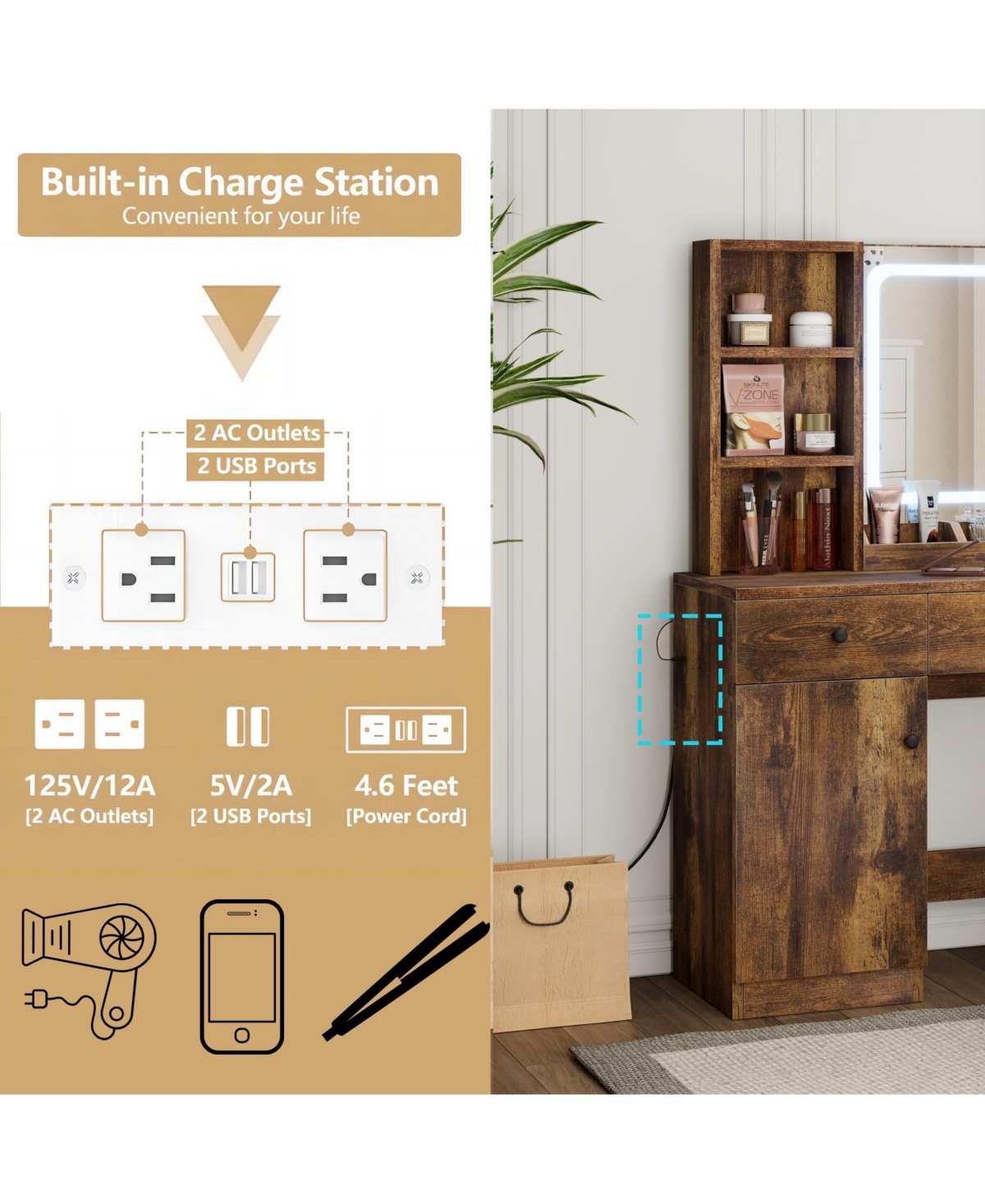 gaomon Vanity Desk with Led Lighted Mirror & Power Outlet