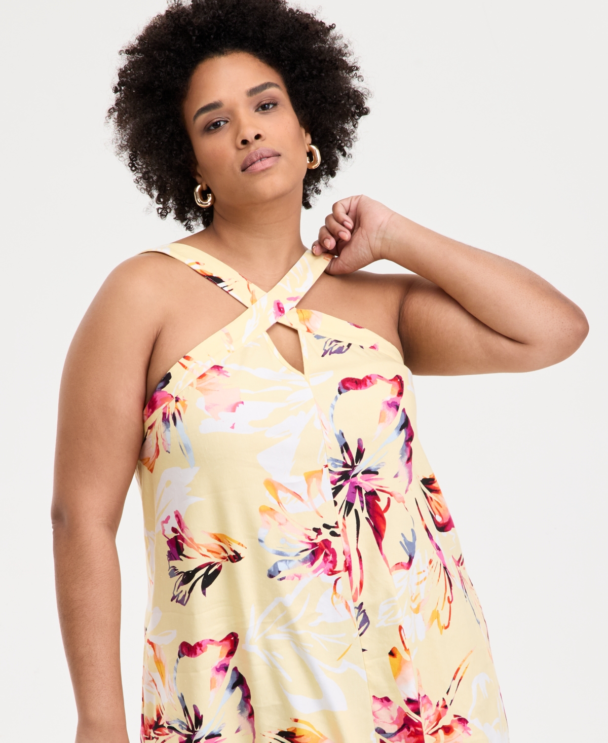 INC INTERNATIONAL CONCEPTS INC PLUS SIZE LINEN-BLEND PRINTED HALTER MAXI DRESS, EXCLUSIVELY AT MACY'S 