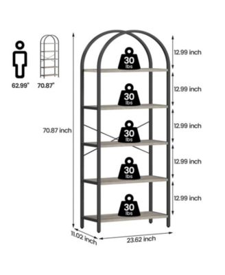 Bookshelf 5 Tier Bookcase Arched Display Racks Tall Standing Bookshelves Metal Frame Farmhouse Storage Rack Shelf Grey Book Shelf for Bedroom, Living Room, Home Office
