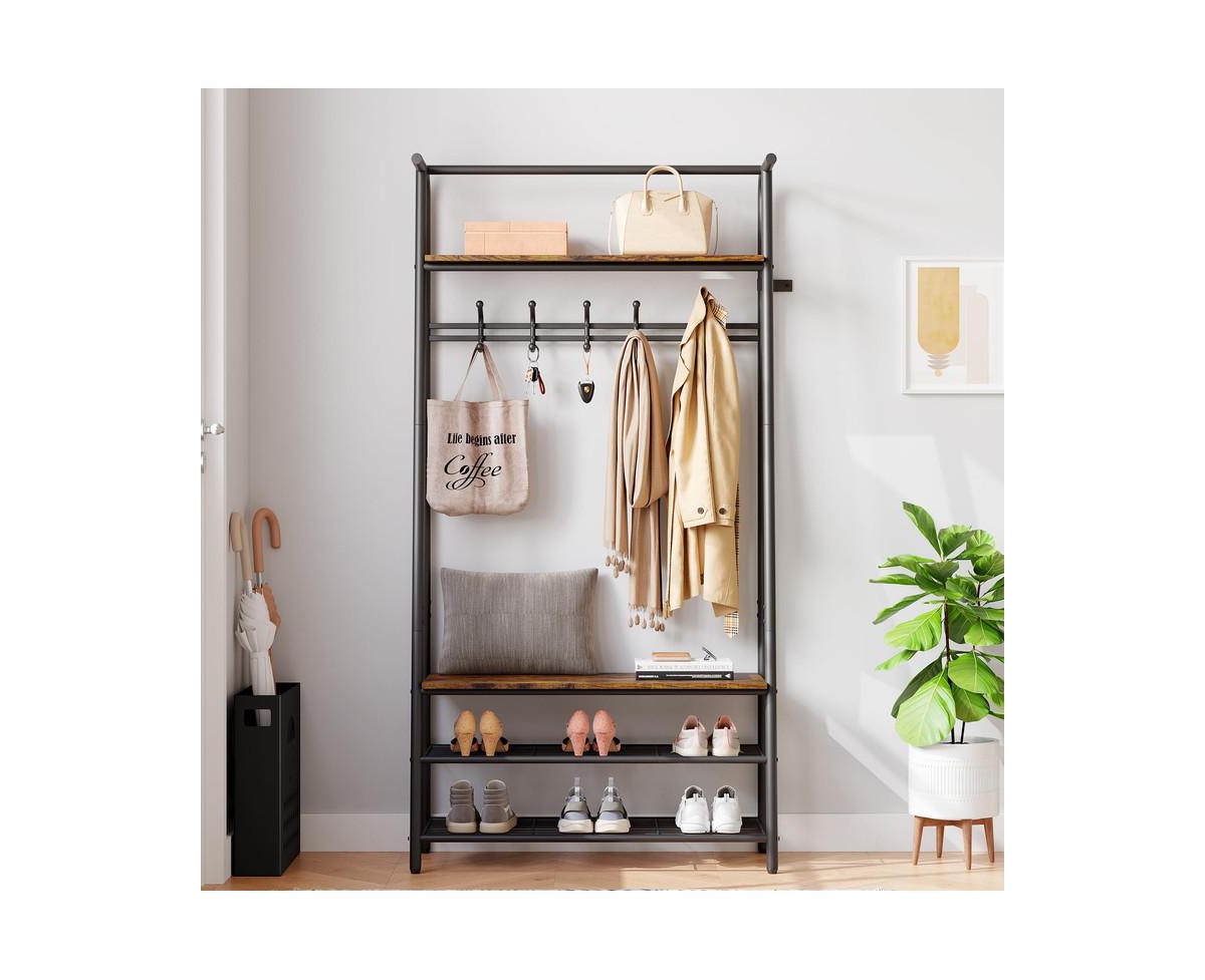 gaomon Coat Rack Shoe Bench, 4-in-1 Hall Trees Entryway Bench with Coat Rack and Shoe Rack, Wood Look Accent Furniture with Steel Frame Storage Shelf