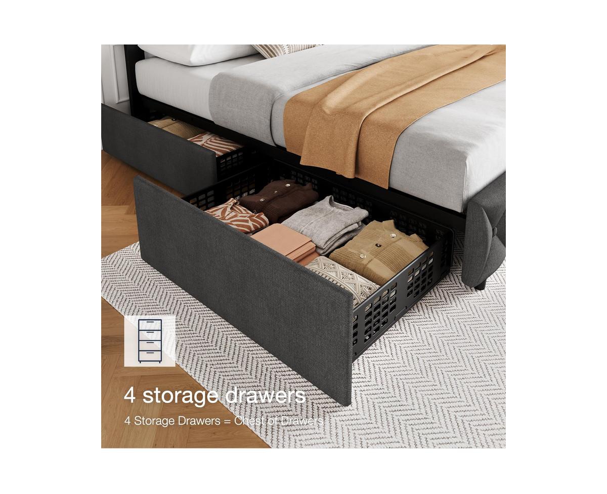 gaomon Size Bed Frame with 4 Storage Drawers, Linen Upholstered Platform Bed Frame with Adjustable Headboard, Diamond Stitched Button Tufted, No
