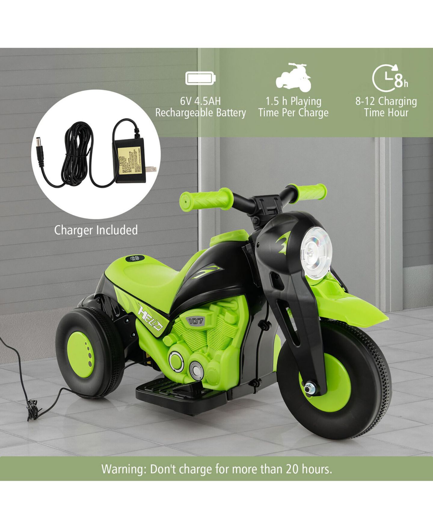 Детская игрушка Gymax 6V Kids Bubble Car Electric Ride-On Motorcycle with LED Headlight & Music, 66 lbs Capacity, Ages 3-7, цвет: Зелёный — фото 7