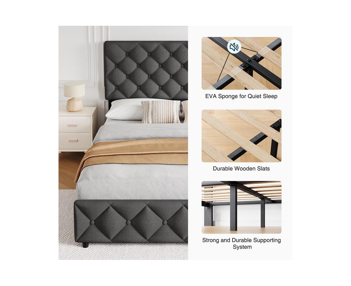 gaomon Size Bed Frame with 4 Storage Drawers, Linen Upholstered Platform Bed Frame with Adjustable Headboard, Diamond Stitched Button Tufted, No