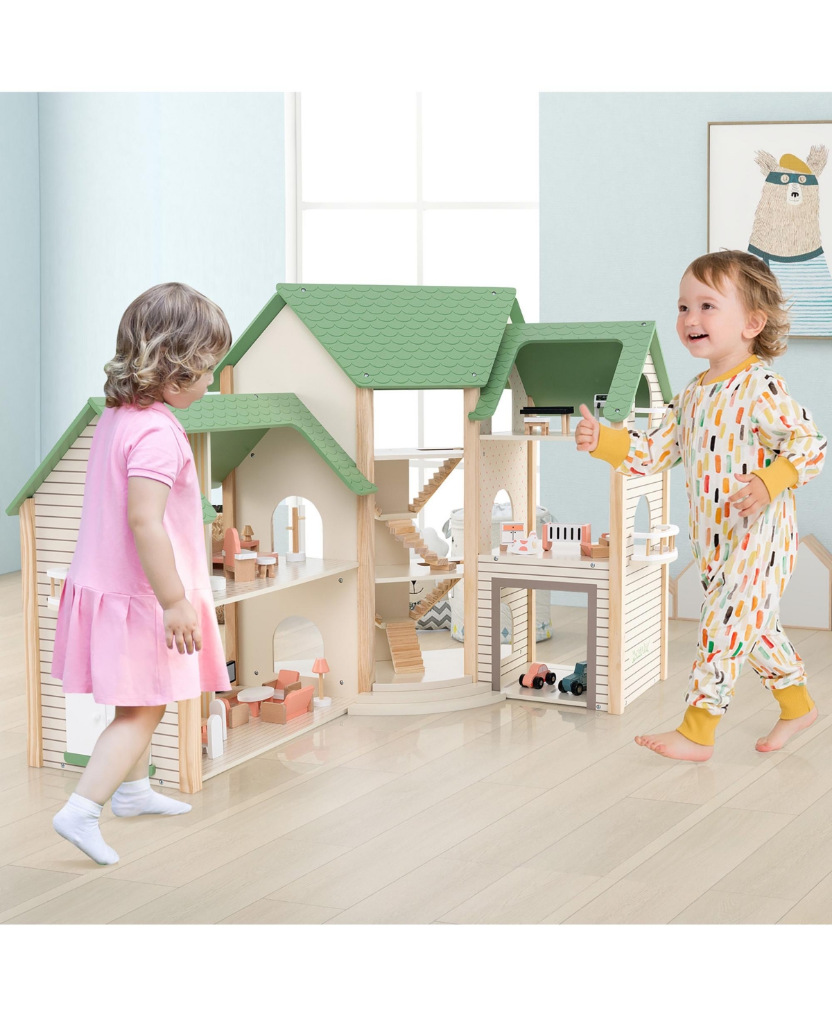 Gymax Wooden Corner Dollhouse Playset with 36 Pieces of Furniture and Accessories - Green+natural