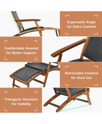 Patio Rattan Folding Lounge Chair with Acacia Wooden Frame Retractable Footrest