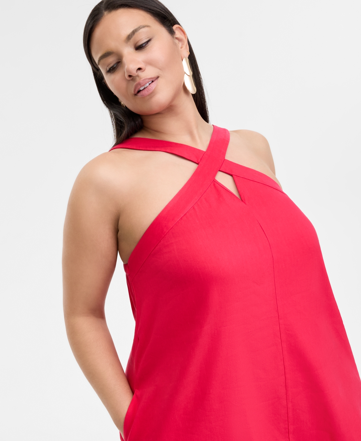 Inc International Concepts Petite Linen-blend Halter Maxi Dress, Exclusively At Macy's In Red