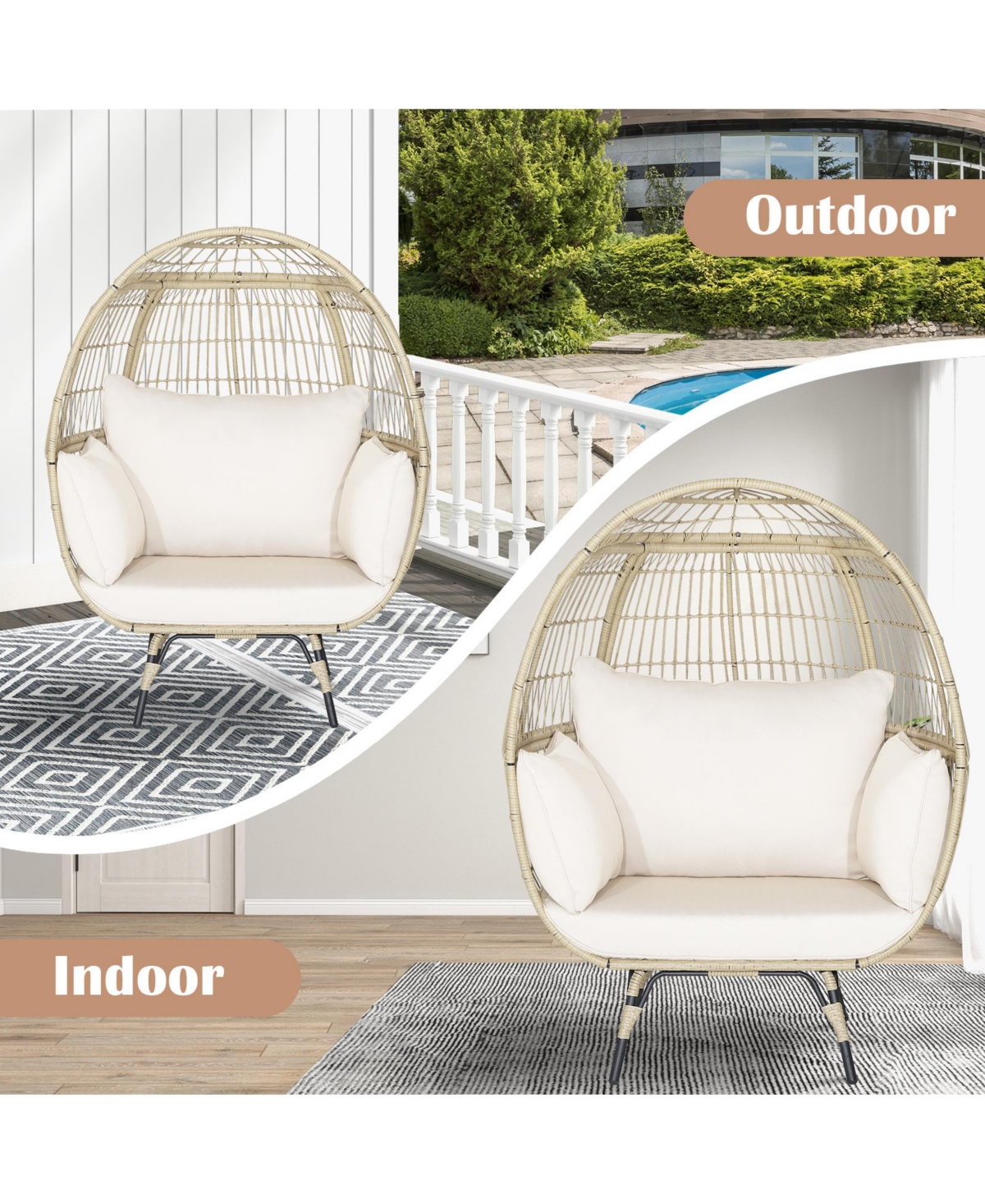 Gouun Oversized Patio Rattan Egg Lounge Chair with 4 Cushions