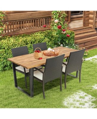5 Pieces Patio Rattan Dining Set with Umbrella Hole and Seat Cushions
