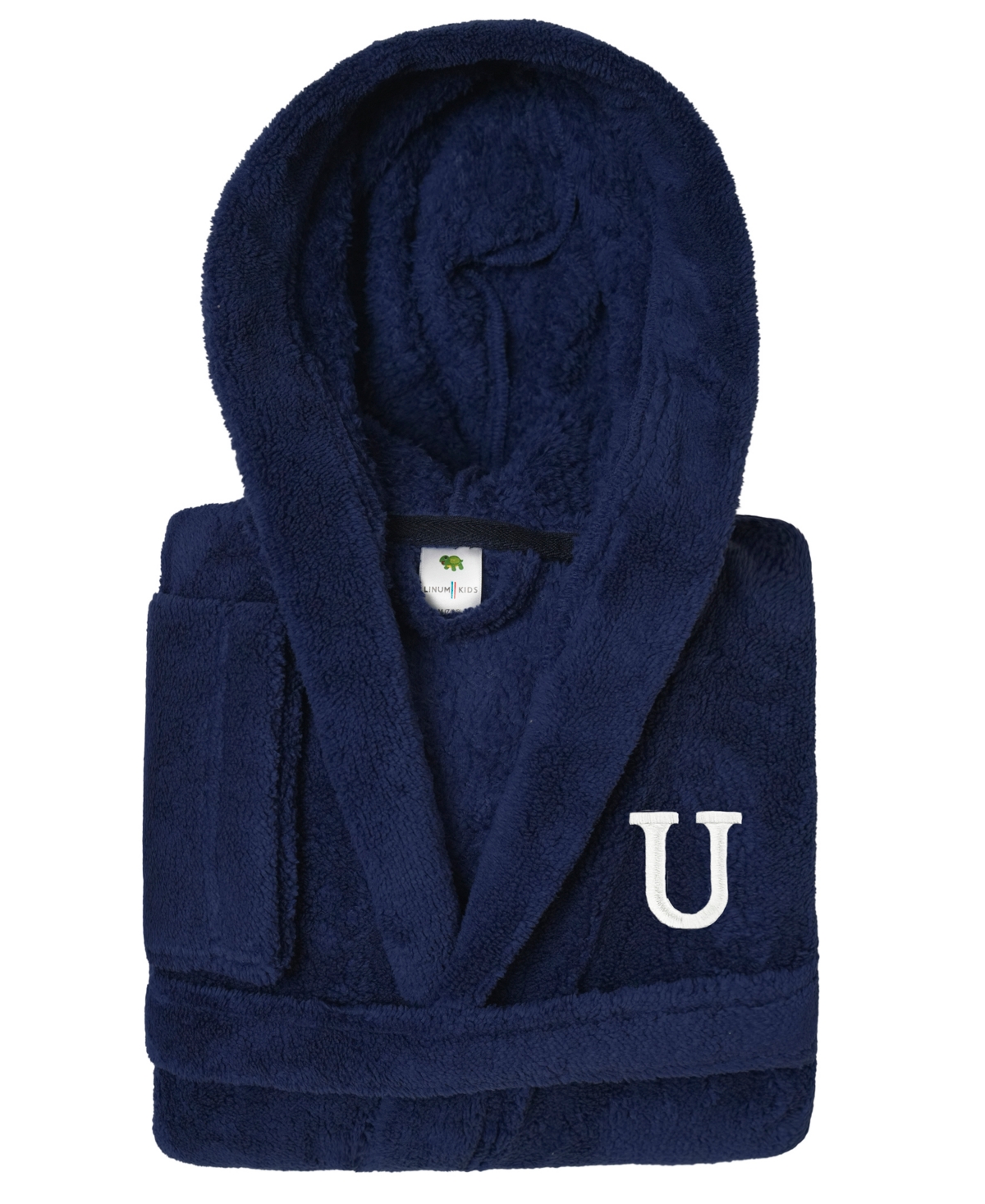 Linum Home Personalized Kids Super Plush Hooded Bathrobe In Navy,white U