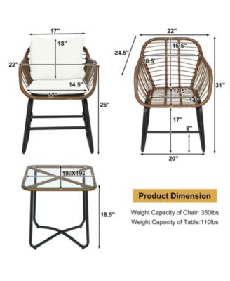 3 Pieces Patio Rattan Bistro Set Cushioned Chair Glass Table Deck