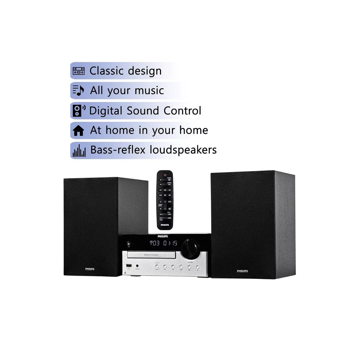 Philips All-in-One Stereo System – Cd Player, Bluetooth, Fm Radio, Usb & Aux Inputs, Remote Control, Compact Design, Superior Sound – Bl