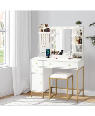 anity Desk with Mirror, Makeup Vanity Table with Chair & Charging Station