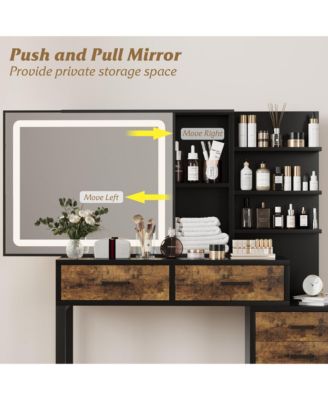 Vanity Desk, Makeup Vanity with Adjustable LED Lighted Sliding Mirror, Charging Station