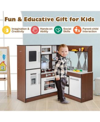 Wooden Corner Play Kitchen w/ Lights & Sounds Water Circulation System for Kids