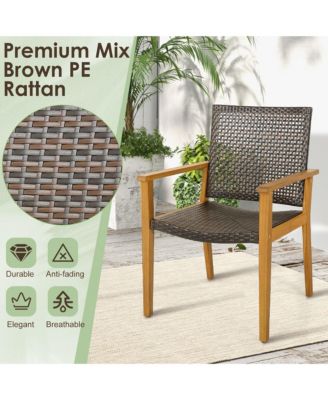 Outdoor Rattan Chair Set of 4 Patio PE Wicker Dining Chairs w/ Sturdy Acacia Wood Frame