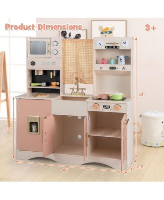 Kids Play Kitchen Pretend Playset w/ 2 Curtains & 16 Pcs Play Accessories Pink