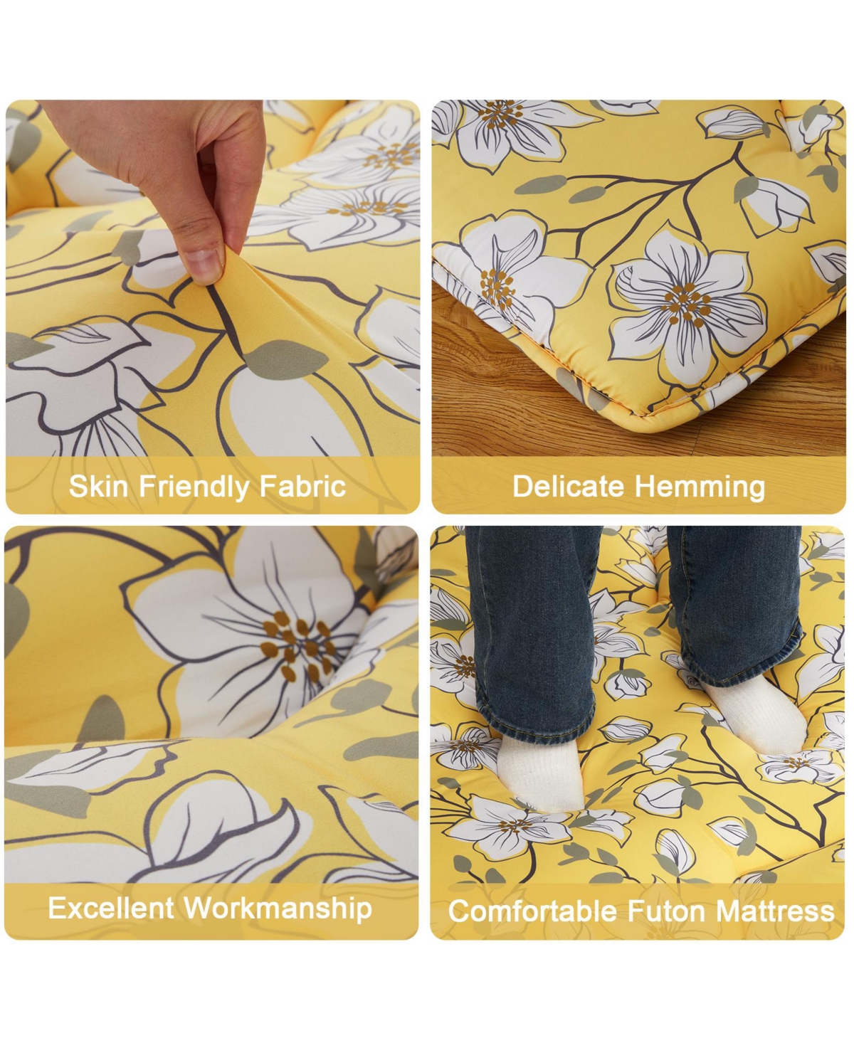 gaomon Japanese Floor Mattress, Size Futon Mattress, Thick Tatami Roll-Up Mattress for Camping & Guest Room,Flower Design - Yellow