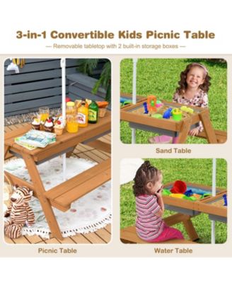 3-in-1 Kids Outdoor Picnic Water Sand Table with Umbrella Play Boxes