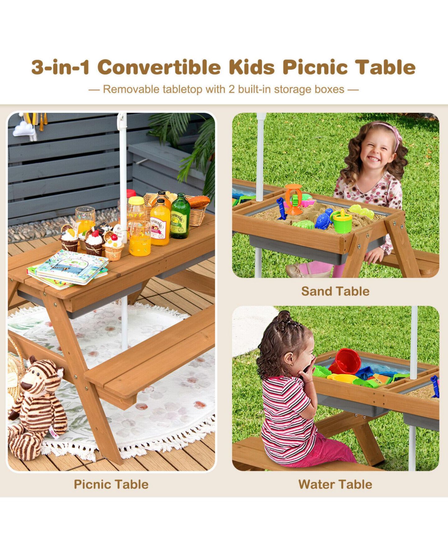 Детская игрушка GOUUN 3-in-1 Kids Outdoor Picnic Water Sand Table with Umbrella Play Boxes, цвет: Жёлтый — фото 11
