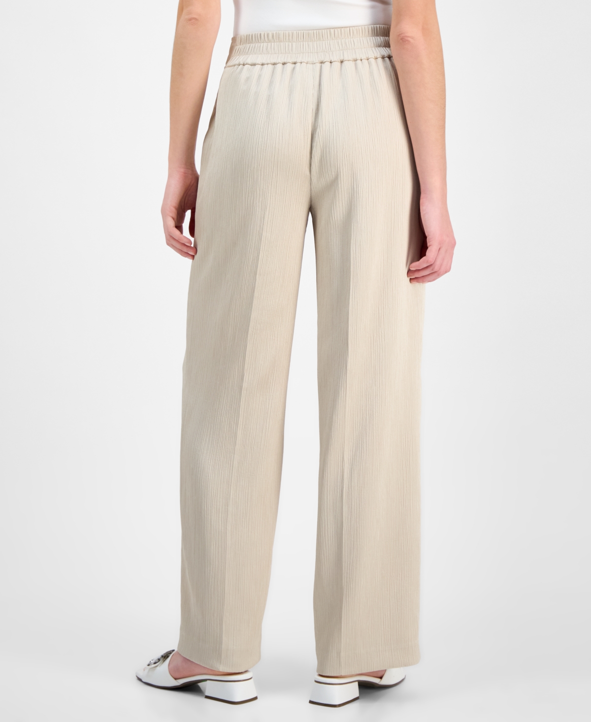 Anne Klein Women's Crinkled Satin Pull-on Wide-leg High Rise Pants In Canvas