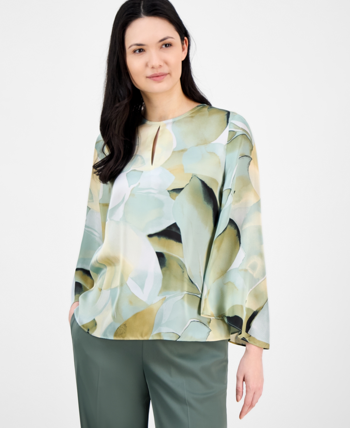 Shop Anne Klein Women's Floral-print Keyhole-cutout Top In Soft Aloe Multi