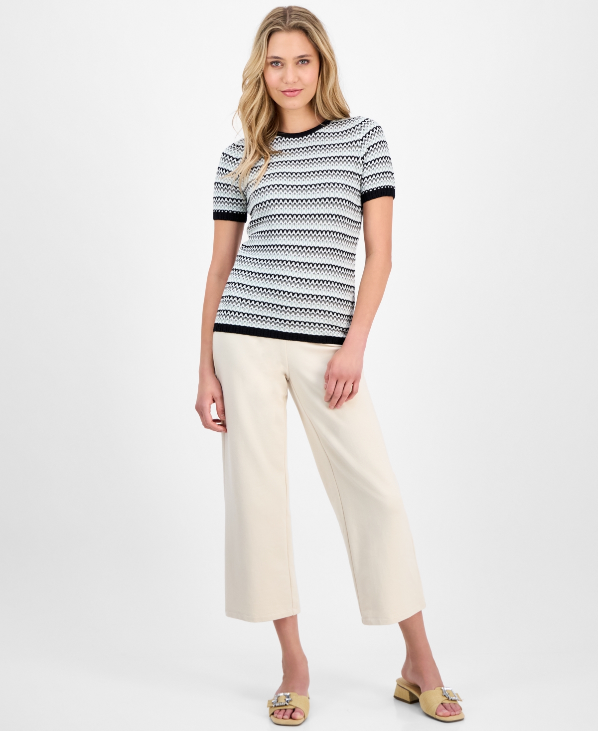 Anne Klein Women's Stripe Stitch Crewneck Top In Eucalyptus Multi